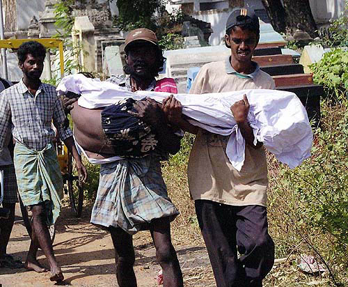The body of a young boy killed by the tsunami waves being taken for cremation at Mylapore, in Chennai on Monday.  PTI
