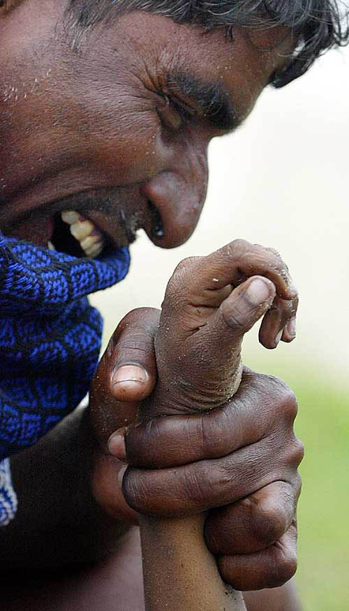 A man cries as he holds the hand of his eight-year-old son who was killed when a tsunami hit on Sunday in Cuddalore, 180 km south of Chennai.  Reuters