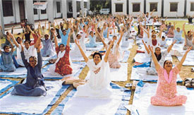 Yoga being practised under the aegis of a yog sansthan at Guru Nanak National College, Doraha