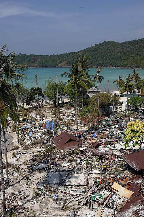 Debris are scattered on a narrow section of Phi Phi Island where bungalows formerly stood at Ton Sai Bay, Phi Phi Island, on December 28, two days after a tsunami hit the area.  Reuters