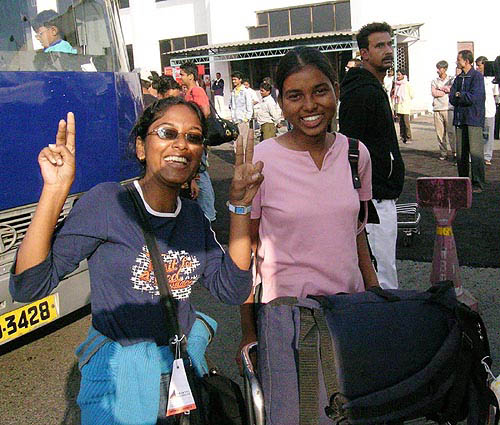Students of a Jamshedpur school at the Netaji Subhash Chandra Bose International Airport in Kolkata after their safe return from Port Blair on Tuesday.  PTI