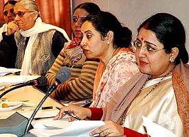 Chairperson, National Commission for Women, Ms Poornima Advani questions Haryana officials on the status of women in the state during an interaction held at the Haryana Niwas on Wednesday