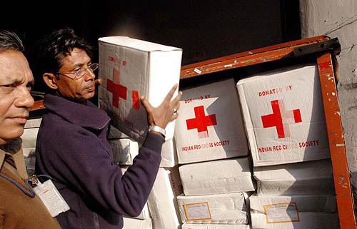 Emergency medical supplies for the tsunami-hit people of Andaman and Nicobar islands being loaded in an aircraft at Kolkata airport on December 29.  PTI
