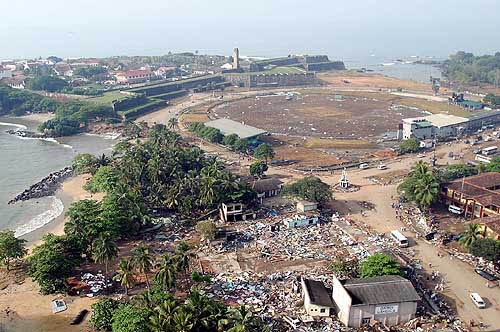 An aerial shot shows the destruction caused by a series of tidal waves that hit Sri Lanka's seaside town of Galle, on December 29.  Reuters
