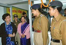 Mrs Jean Rodrigues, wife of UT Administrator S.F. Rodrigues, interacts with woman police officers in the Sector 17 police station in Chandigarh