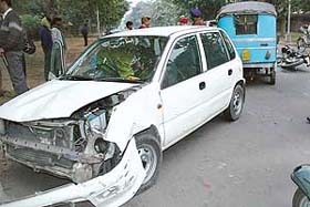 A car involved in an accident at the Sectors 27-28 dividing road in Chandigarh