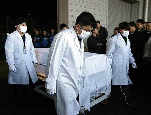 Employees at a cargo terminal of Inchon airport carry the body of a 75 year-old South Korean woman, Bae, a victim of Sunday's quake-triggered tsunami, after her body arrived from Phuket early on December 30. Up to five million persons around the Indian Ocean waited for food and clean water on Thursday as nations hit by one of the biggest tsunamis on record rush to bury their dead and avert the threat of disease.  Reuters