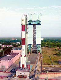 ISROs Polar Satellite Launch Vehicle, PSLV-C5, with RESOURCESAT-1 onboard, in its final stages of preparation for launch from Satish Dhawan Space Centre (SDSC) SHAR, Sriharikota