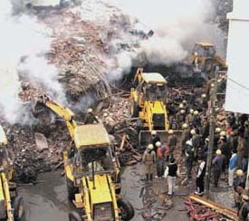 A view of the building that was gutted in the timber market in Kirti Nagar in the Capital