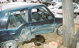 A  car which was damaged in an accident near the Puncom chowk in Mohali on Friday night. 