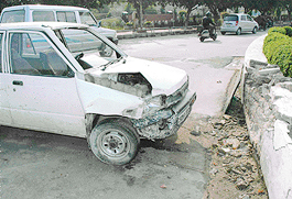 A Maruti car which rammed into a roundabout of Sectors 1 and 6 in Panchkula on Friday.