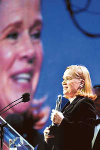 Actress Liv Ullmann of Norway gives her acceptance speech at the European Film Award ceremony in Barcelona. Ullmann won the European Achievement in World Cinema Trophy.