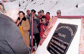 The Himachal Chief Minister, Mr Virbhadra Singh, addresses a gathering at Manu Rangshala on the occasion of the Winter Carnival in Manali