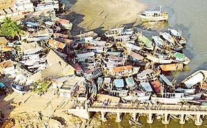 An aerial shot of tsunami-battered Nagapattinam port, 350 km south of Chennai, on Sunday.