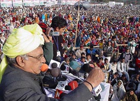 Congress leader Bhupinder Singh Hooda addresses a rally in Rohtak on Monday