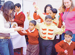 Students from South Korea during a dance session with blind students at the Institute for the Blind in Sector 26, Chandigarh, on Tuesday.