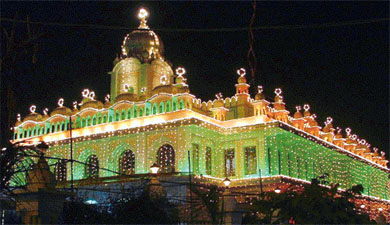 Singh Sabha Gurdwara, Model Town Extension, Ludhiana, illuminated on the eve of Parkash Utsav of Guru Gobind Singh on Tuesday