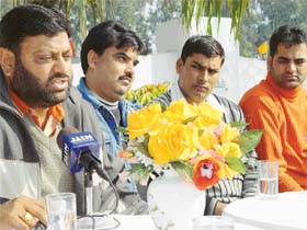 Naggal MLA Jasbir Mallour talking to mediapersons in Ambala