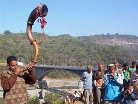 People of Lahroon area celebrate the inauguration of the bridge over Chaki river