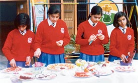 Children of New SMD Senior Secondary School take part in a salad-making competition in Ludhiana on Thursday