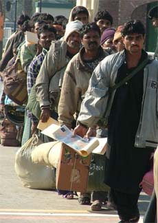 Indian fishermen at the Wagah joint checkpost after their repatriation from Pakistan