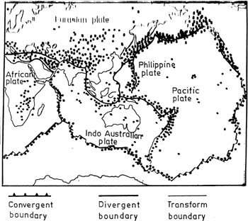 Location of Indian and Pacific plates, circum-Pacific belt and plate boundaries. Each dot represents an epicentre of earthquake