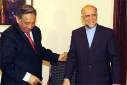 Union Minister for Petroleum and Natural Gas Mani Shankar Aiyar with Iranian Oil Minister Bijan Namdar Zanghneh in New Delhi on Friday. 