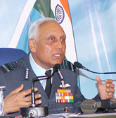 New Air Chief Marshal S.P. Tyagi addresses his first press conference in New Delhi on Friday.
