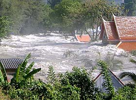 A view of the tsunami waves hitting Kammale temple in Phuket, south of Bangkok on December 26, 2004