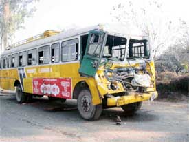 The Punjab Roadways bus that collided with a stationary truck on the Ludhiana-Malerkotla road near Mandi Ahmedgarh