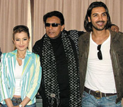 Amisha Patel, Mithun Chakravarthy and John Abraham at a press conference to promote their forthcoming film Elaan, in the Capital
