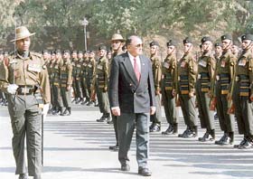The Governor of Punjab and Administrator of Chandigarh, Gen S.F. Rodrigues (retd), reviews a guard of honour at Headquarters, Western Command, Chandi Mandir
