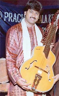 Salil Bhatt with his satvik veena at Pracheen Kala Kendra in Chandigarh