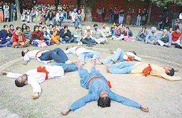 A scene from the play Kudrat Da Tandav that was performed on the Punjabi University campus in Patiala on Tuesday.