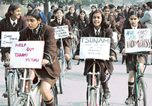 Students of Mount Carmel School, Sector 47, take part in a cycle rally in Chandigarh on Tuesday