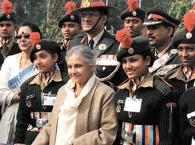 The Delhi Chief Minister, Mrs Sheila Dikshit, with cadets during her visit to the NCC Republic Day camp in the Capital