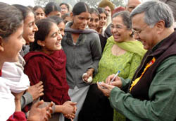 Canadian Health Minister Ujjal Dosanjh along with wife Raminder interacts with students of Guru Har Rai Senior Secondary School, Dosanjh Kalan, on Tuesday. 