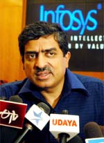 Nandan Nilekani,CEO, Infosys Technologies, at a press conference to announce the quarterly results of his company in Bangalore