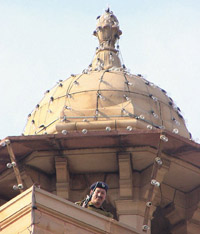 A securityman keeping watch at the North Block