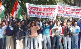 Congress workers from Barwala, Haryana, protest outside Ms Sonia Gandhis residence demanding that the ticket should be given to some local Congress candidate instead of an outsider, in New Delhi