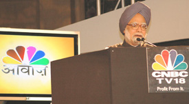 Dr Manmohan Singh at the inauguration of Awaaz consumer channel of CNBC in New Delhi on Thursday. The channel will focus on investment, saving and spending issues