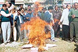 BJP workers burn an effigy of the Municipal Corporation at Ram Darbar in Chandigarh on Thursday. 