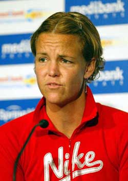 Lindsay Davenport of the US speaks during a Press conference in Sydney on Thursday
