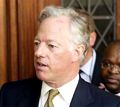 Mark Thatcher, son of former British Prime Minister Margaret Thatcher, speaks outside the High Court in Cape Town, South Africa, on Thursday