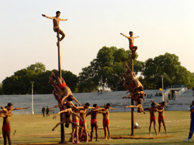 Soldiers display skills at an exhibition at Mahavir Stadium in Hisar on Friday