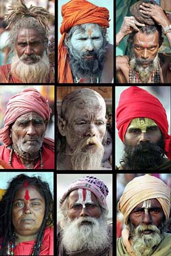 A combination photo shows various Hindu monks and pilgrims attending a religious festival on Sagar island