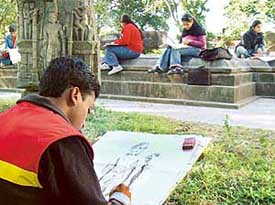 Students of Government College of Art, Chandigarh, sketch remnants of the historical Bhima Devi temple at Pinjore