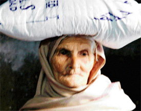 An old woman carries a bag of wheat flour on her head after a function by a voluntary body where ration was distributed to destitute women and widows in Ludhiana