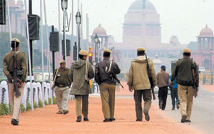 Security personnel keeping a vigil at Rajpath in the Capital.