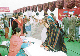 Women being examined at a medical camp organised by Punjab National Bank and HelpAge India at Maloya village in Chandigarh on Monday.